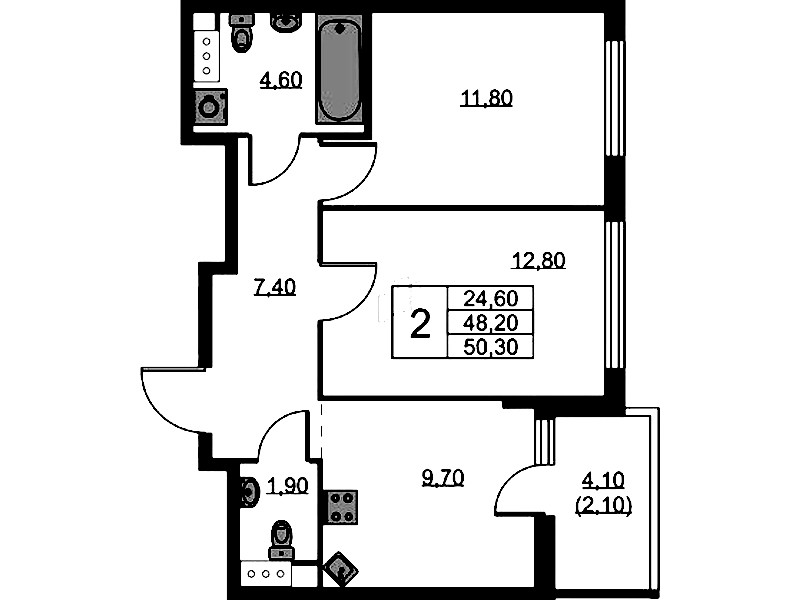 2-комнатная квартира 50.3 м², 9/11 эт., ЖК «А101 Лаголово»